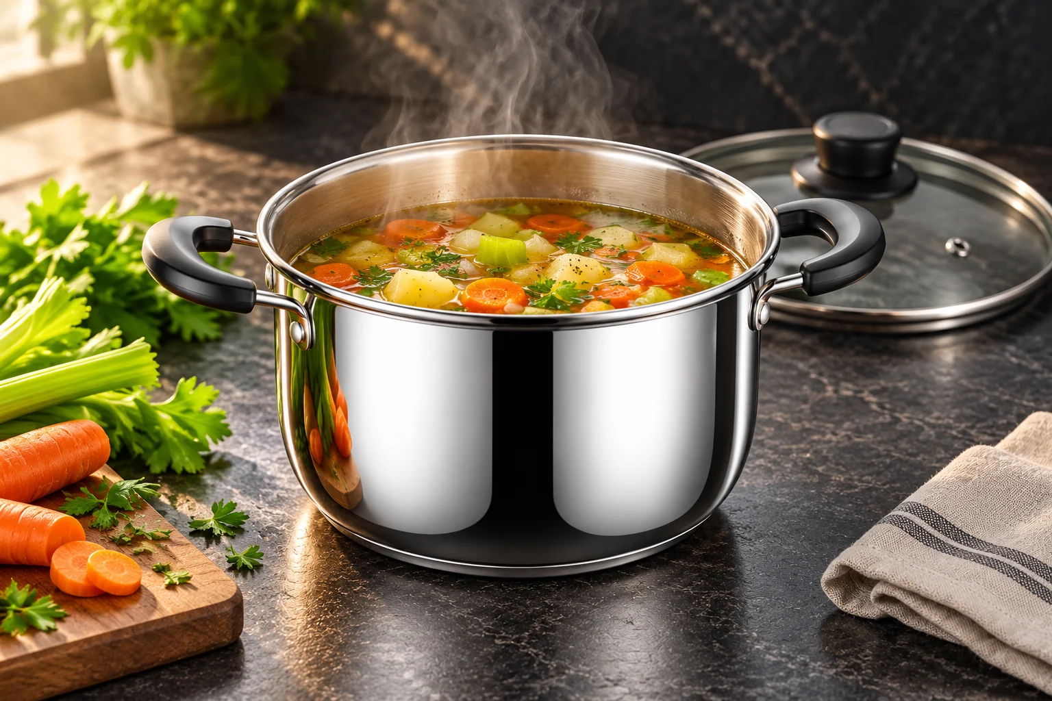 Steel-finish casserole with black side handles and a glass lid styled with food