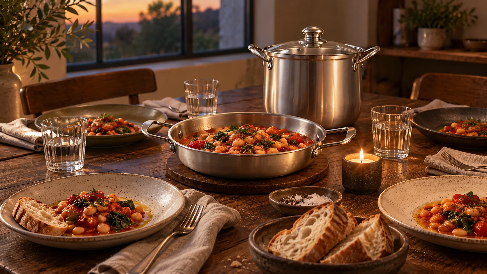 A serving pan at the centre of a dinner table