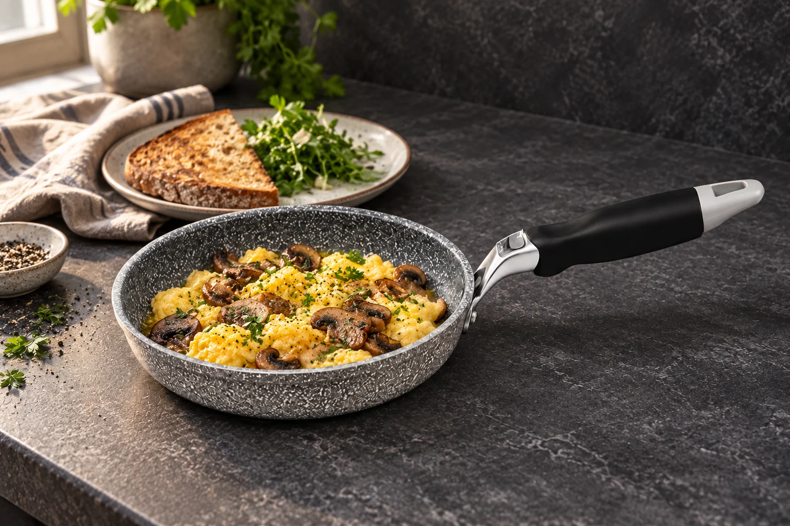 Grey speckled frying pan with a black and silver handle styled with food
