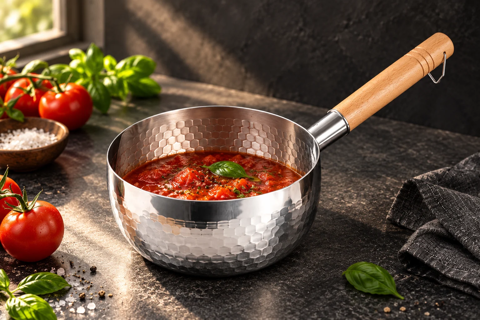 Tomato sauce in a hammered saucepan with a wooden handle
